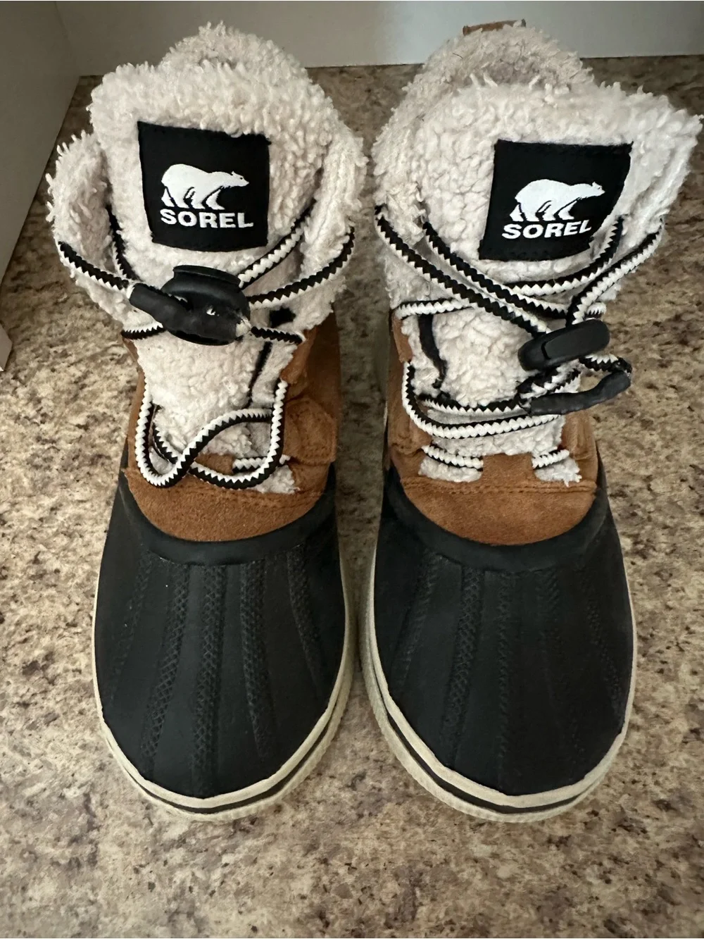 Sorel Lace-Up Winter Boots in Black, Tan & Cream